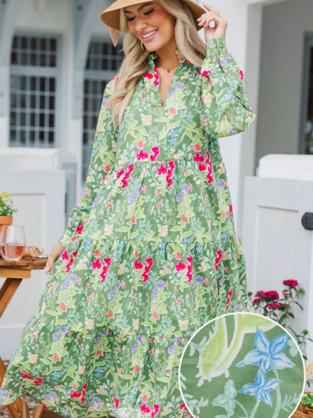 Floral Tiered Maxi Dress in Green - Women's